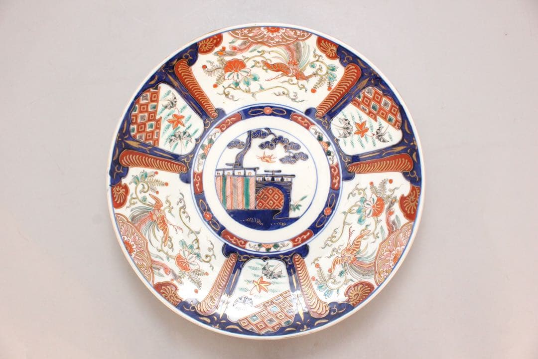 No4436 古伊万里　染錦大皿2点　赤絵　金襴手　鳳凰　花鳥　古美術　送料無料