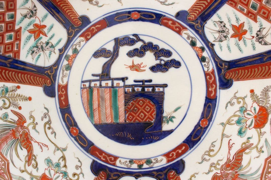 No4436 古伊万里　染錦大皿2点　赤絵　金襴手　鳳凰　花鳥　古美術　送料無料