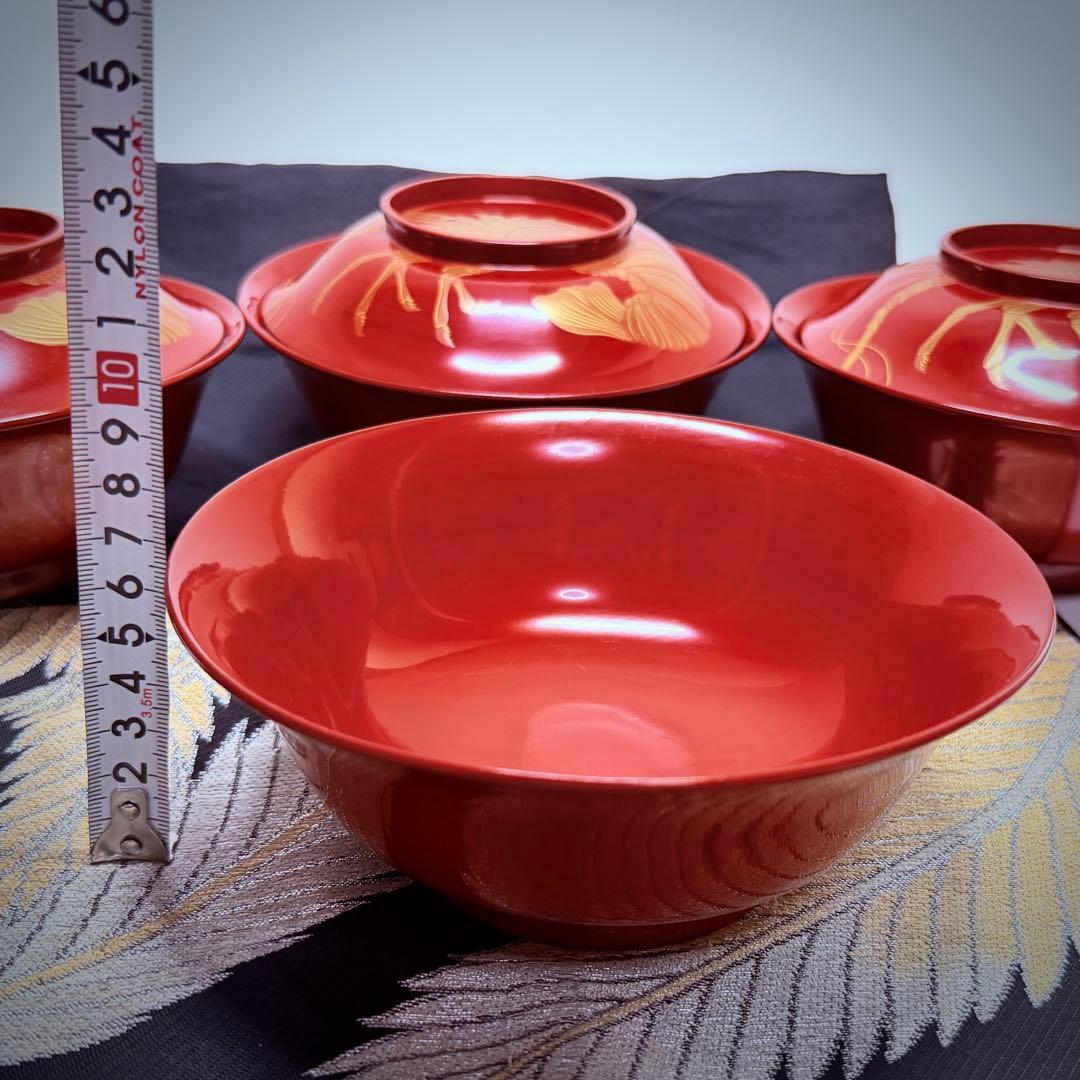 漆器輪島塗　金蒔絵金彩細工伊勢エビ図　木製　蓋付椀　お煮物椀　吸物椀　5客骨董品