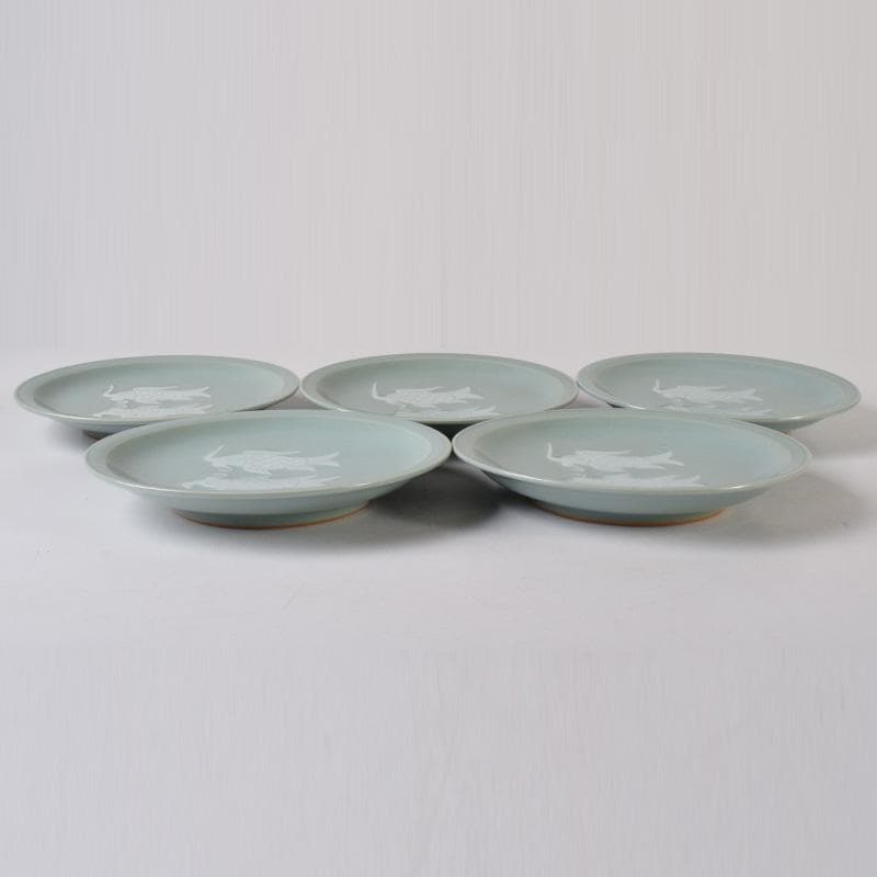 京焼　清水焼　東山窯　宮永東山作　青磁　双魚文　皿　五客　共箱　C　7627