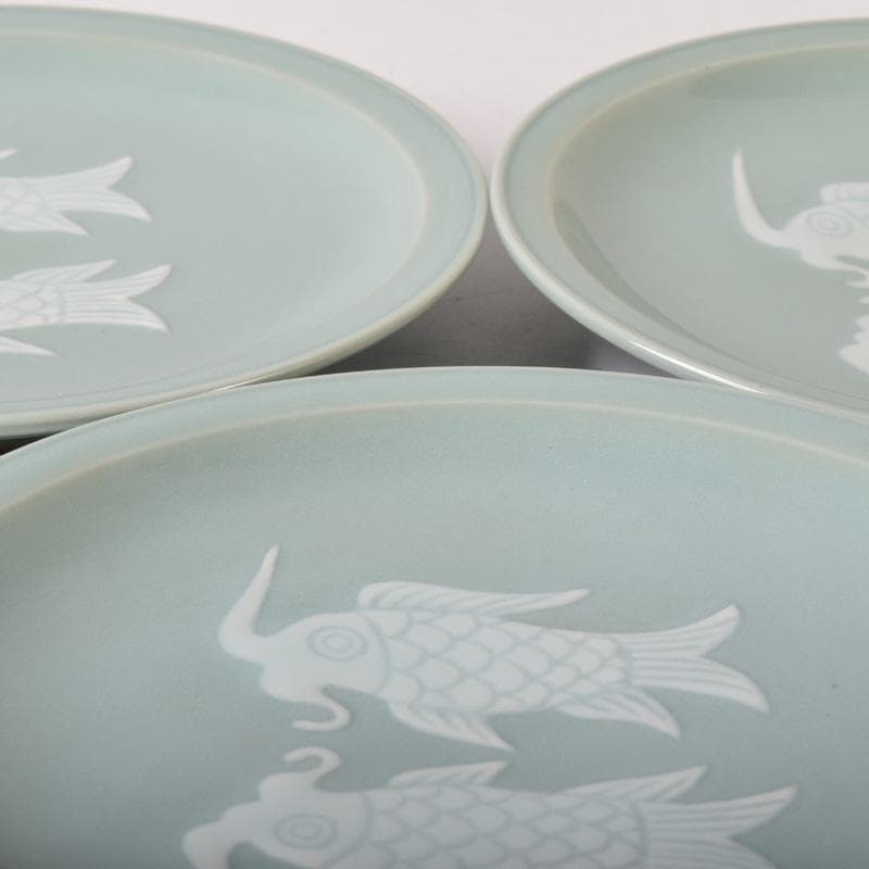 京焼　清水焼　東山窯　宮永東山作　青磁　双魚文　皿　五客　共箱　C　7627