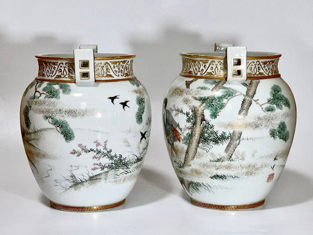 初代川本桝吉 安井如苞画 大日本七宝会社販売 牧童図花瓶一対 明治 瀬戸焼 瀬戸