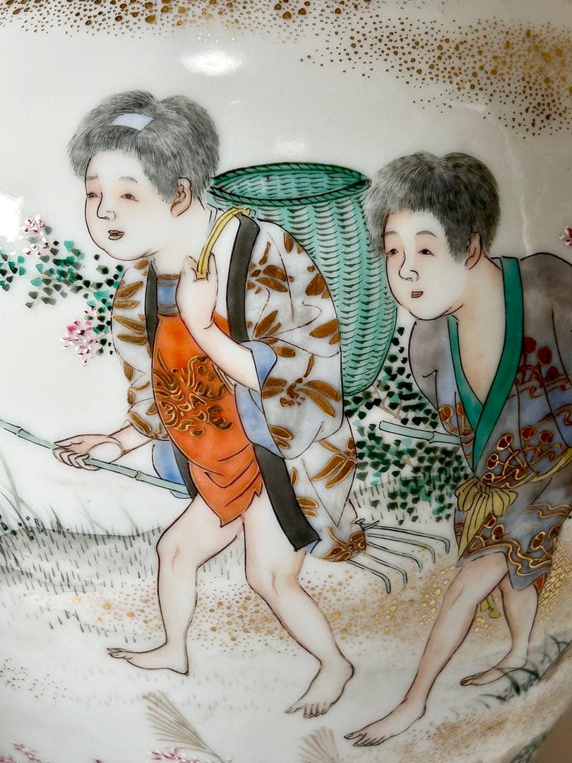 初代川本桝吉 安井如苞画 大日本七宝会社販売 牧童図花瓶一対 明治 瀬戸焼 瀬戸