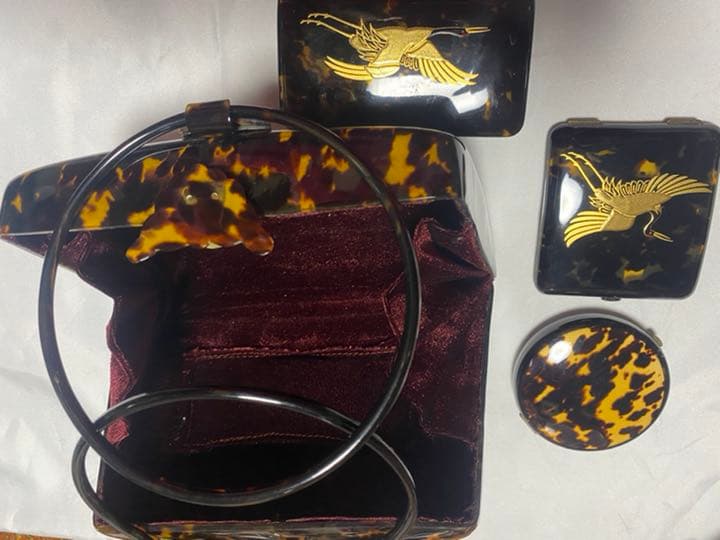 鼈甲　ハンドバッグ・コンパクト・タバコ入れ・札入れ　4点セット