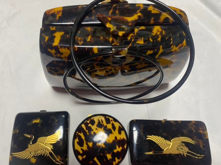 鼈甲　ハンドバッグ・コンパクト・タバコ入れ・札入れ　4点セット