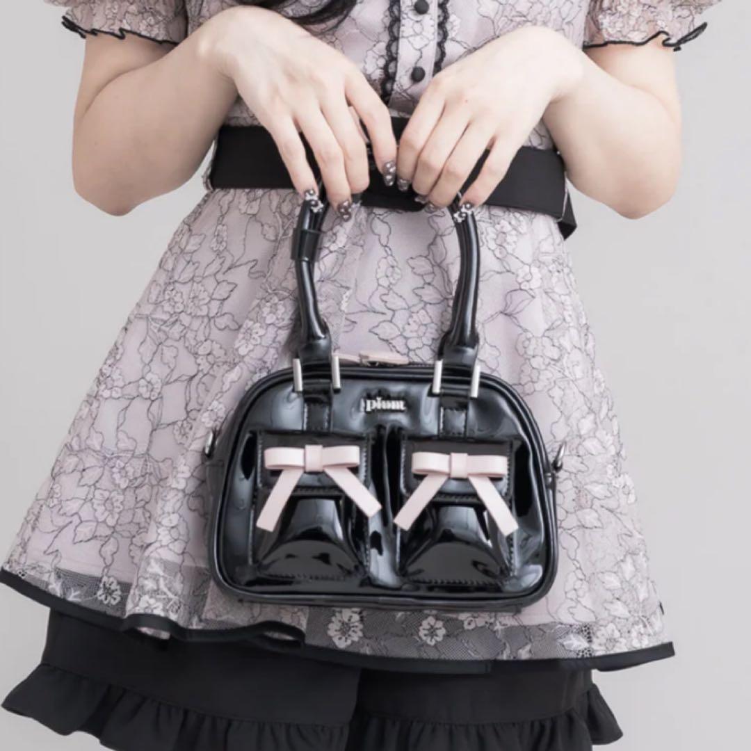 pium リボンポケットエナメルミニボストンバッグ ブラック×ピンク ショルダー