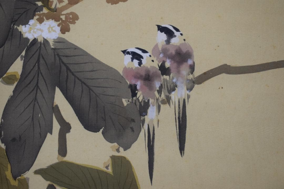 【真作】川北霞峰//枇杷小禽図/ヒワに小鳥図/掛軸☆宝船☆Y-870　JM