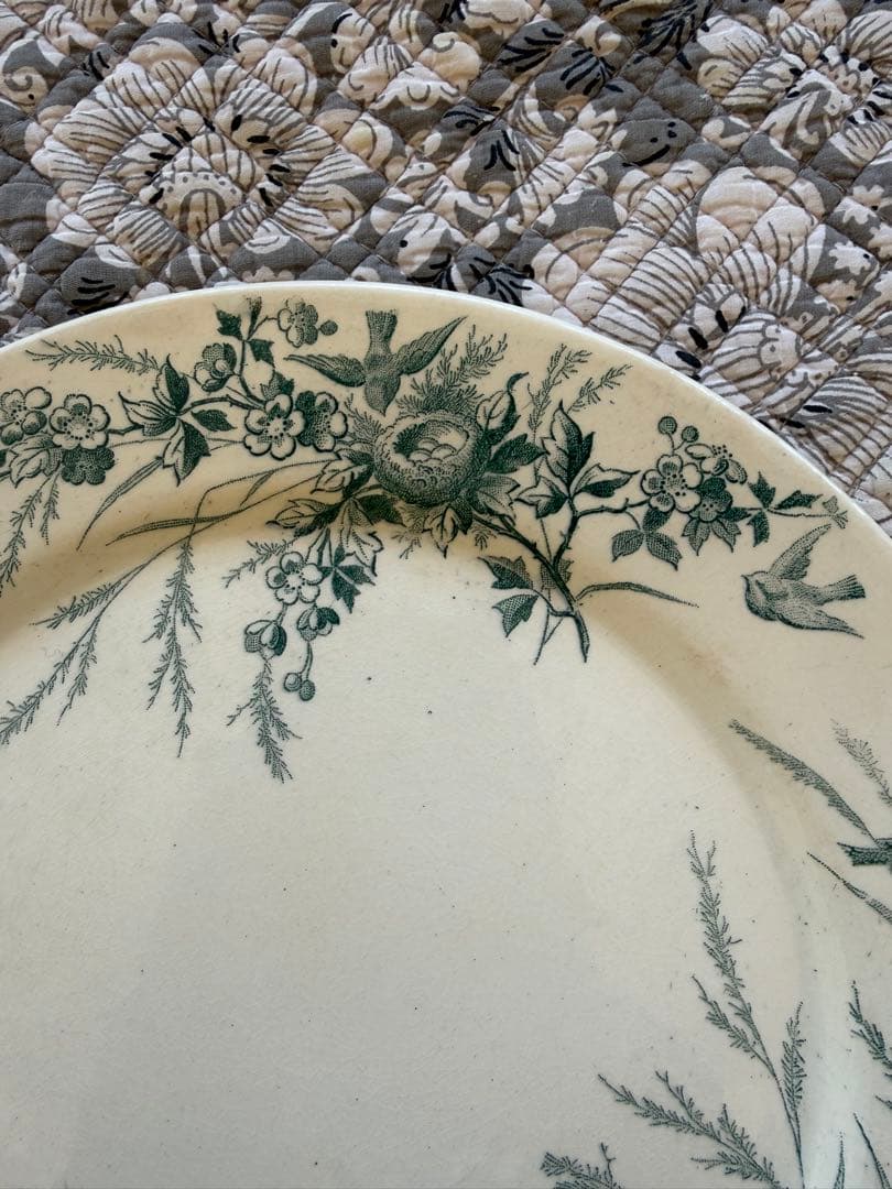 フランスアンティーククレイユモントローlinotteグリーン平皿