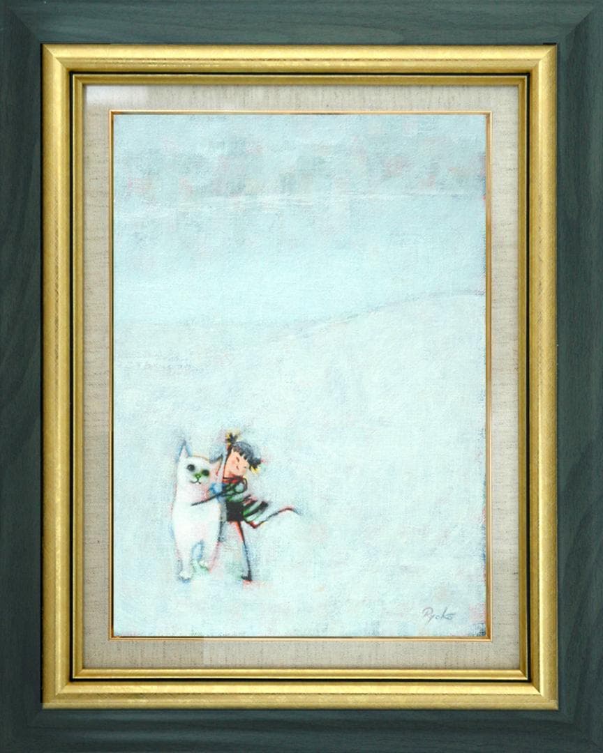 油絵 菅家令子 絵 絵画インテリア 額付(銀) F3-091918 子猫と女の子