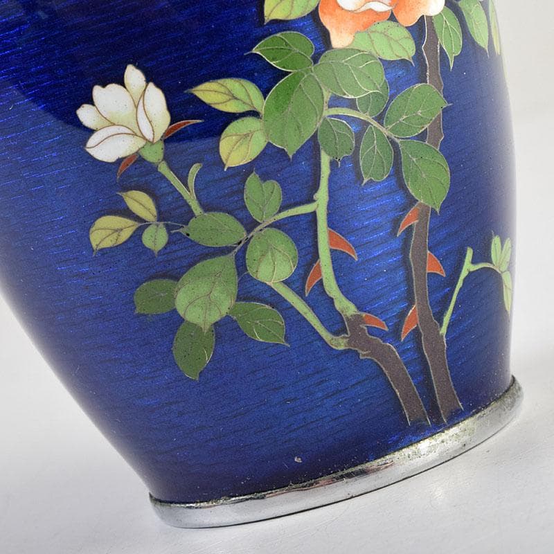 七宝焼　青透釉　花鳥文　花瓶　唐木台・時代箱付　M　R9422