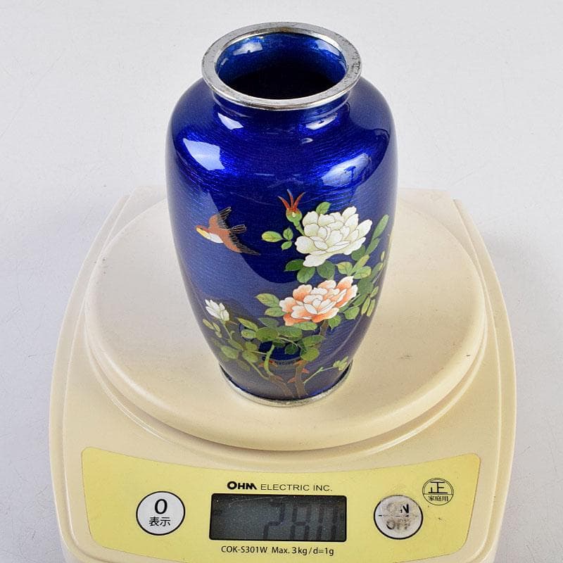 七宝焼　青透釉　花鳥文　花瓶　唐木台・時代箱付　M　R9422