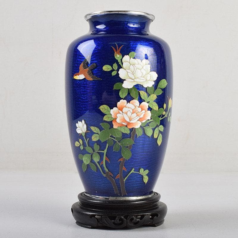 七宝焼　青透釉　花鳥文　花瓶　唐木台・時代箱付　M　R9422