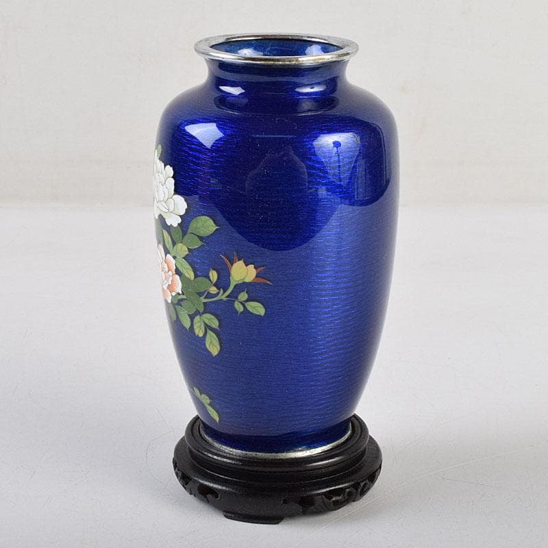 七宝焼　青透釉　花鳥文　花瓶　唐木台・時代箱付　M　R9422