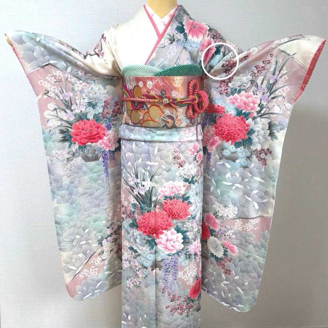 490 振袖フルセット 正絹 オフホワイト グレー 銀彩 暈し染め