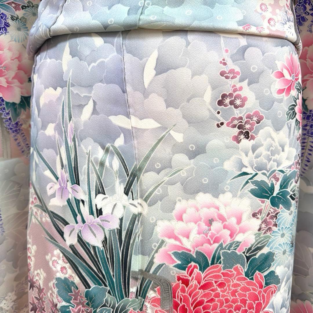 490 振袖フルセット 正絹 オフホワイト グレー 銀彩 暈し染め