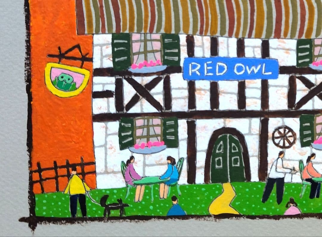 奥村ユズル　水彩画原画　英国パブ「赤いフクロウ」