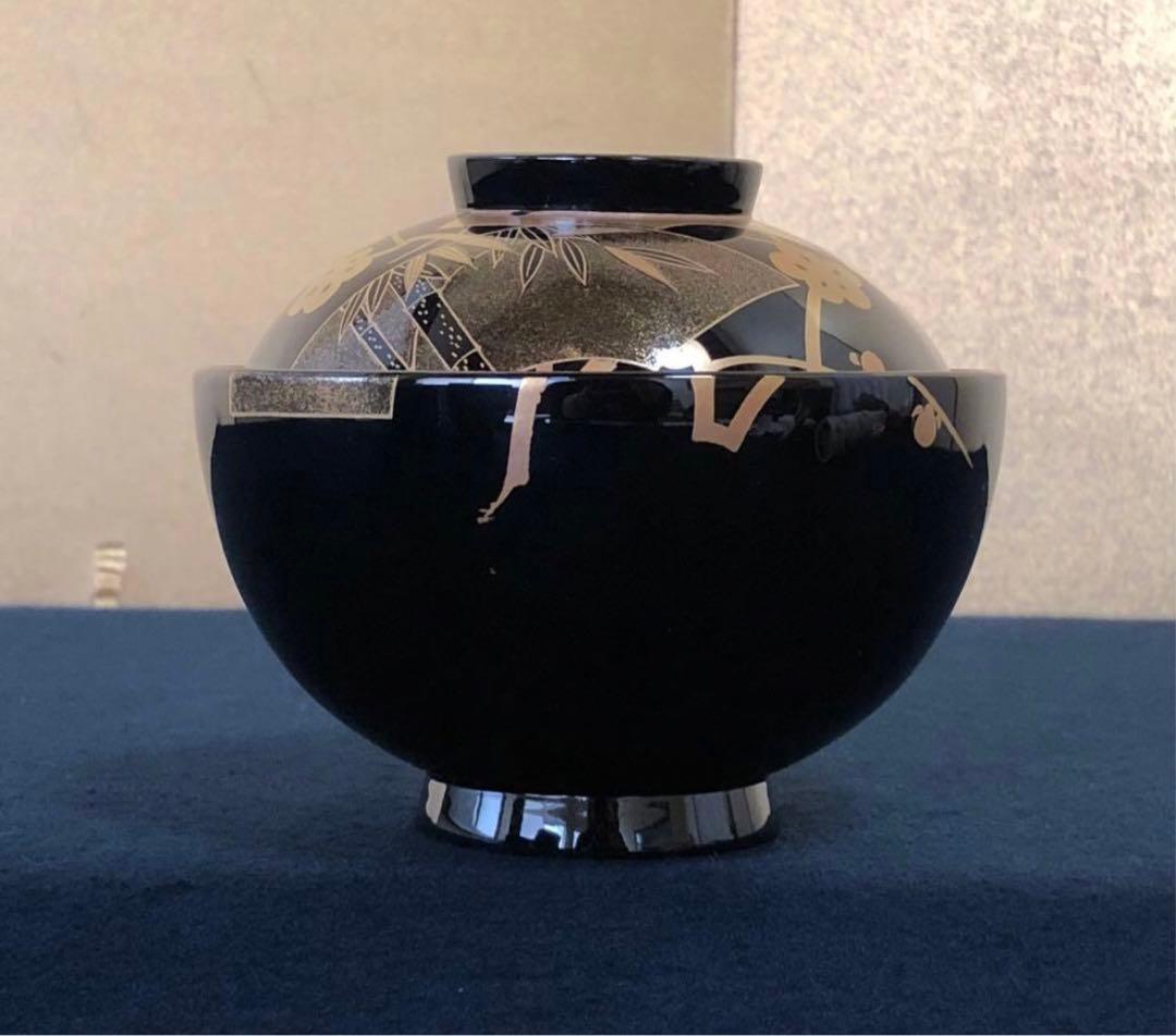 《R》輪島塗 黒塗 蒔絵付 吸物椀5客 木製漆器 木箱　260107か5