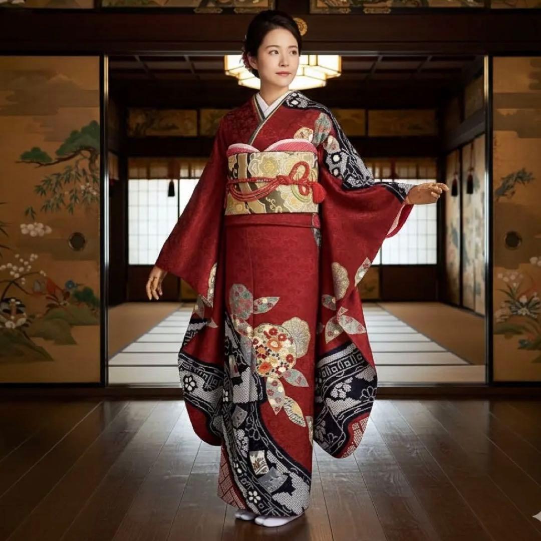 振袖フルセット　高身長　➕サイズ　絞り　手刺繍　成人式振袖　振袖　裄丈70 赤