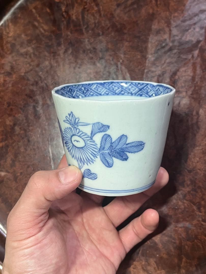 古伊万里　蕎麦猪口　菊　きく　線描　宝珠　軍配　団扇　経巻　宝巻　美品