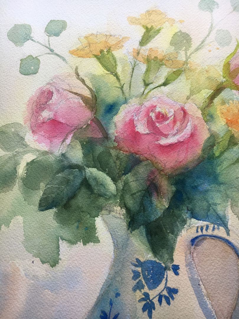 透明水彩画原画デルフト焼きの花瓶と春の薔薇たち④