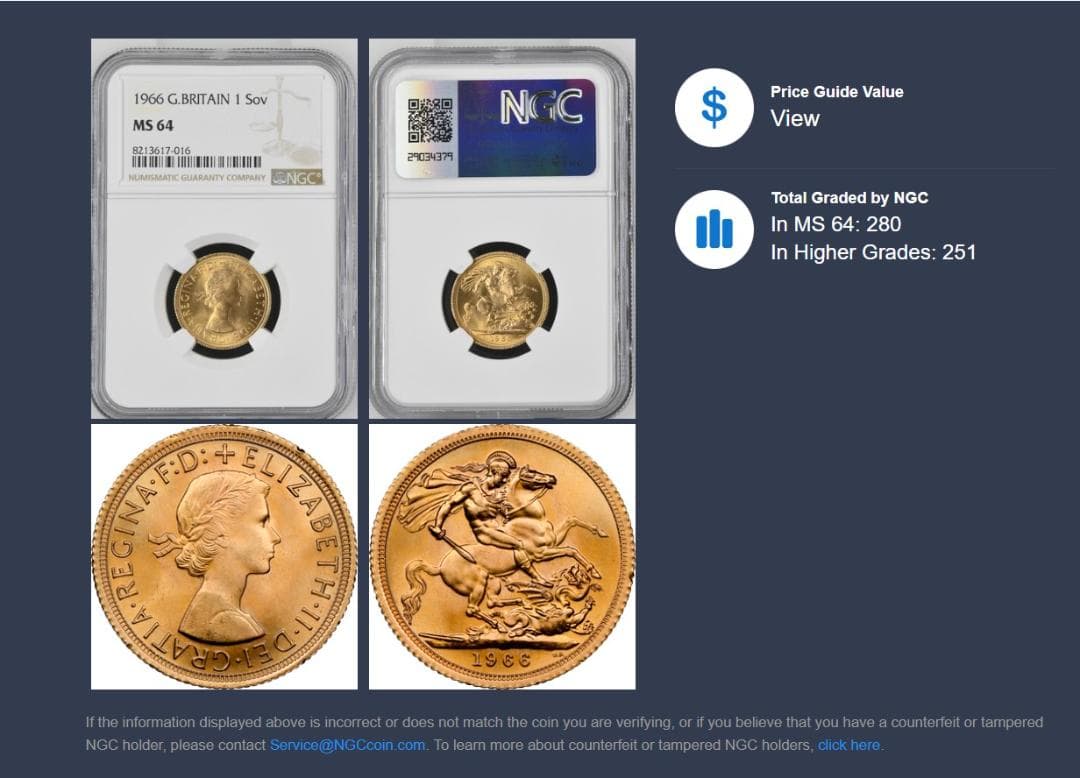 1966 イギリス エリザベス2世 ソブリン 金貨 英国 NGC MS64