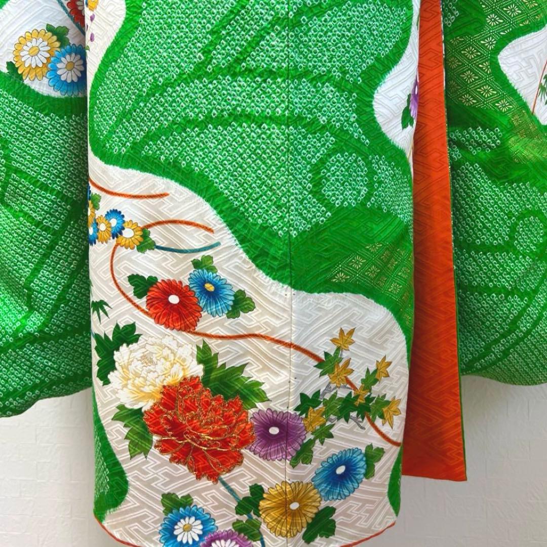 474 振袖フルセット 正絹 緑グリーン オレンジ レトロ 絞り 金彩 駒刺繍