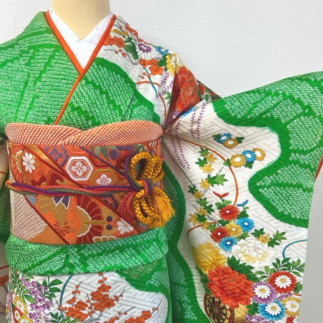 474 振袖フルセット 正絹 緑グリーン オレンジ レトロ 絞り 金彩 駒刺繍