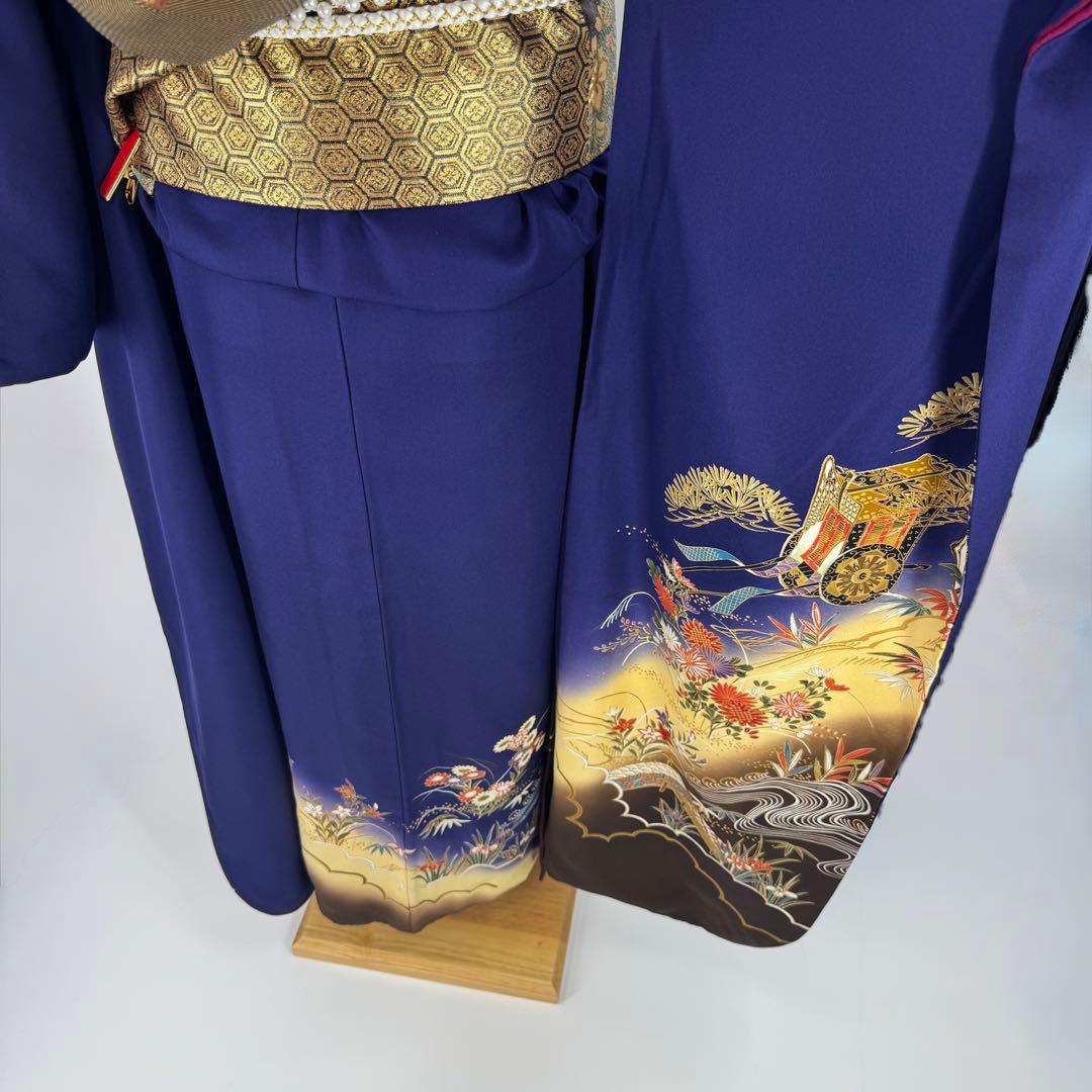 振袖10点フルセット　古典柄　ネイビー　成人式　結婚式　つけ袖白レース付　正絹