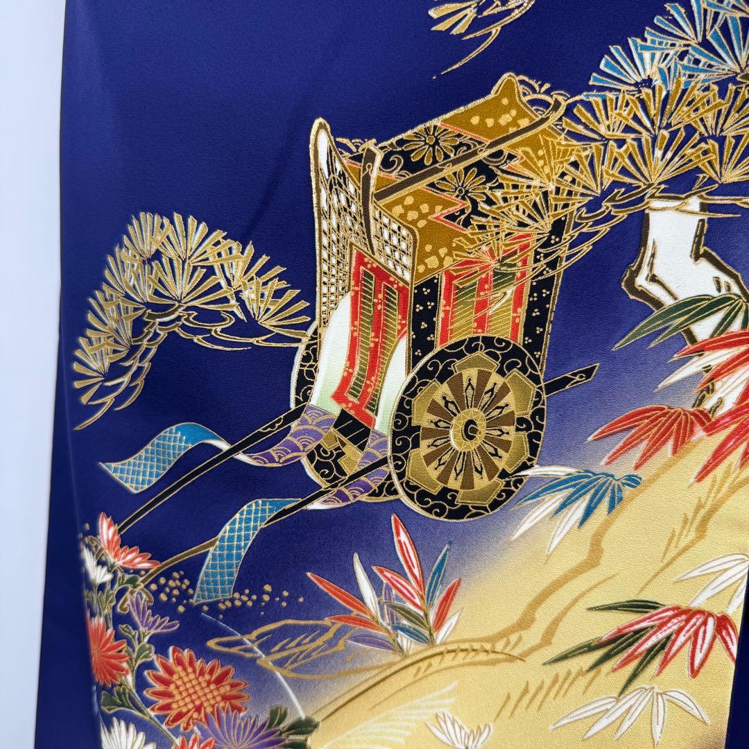 振袖10点フルセット　古典柄　ネイビー　成人式　結婚式　つけ袖白レース付　正絹