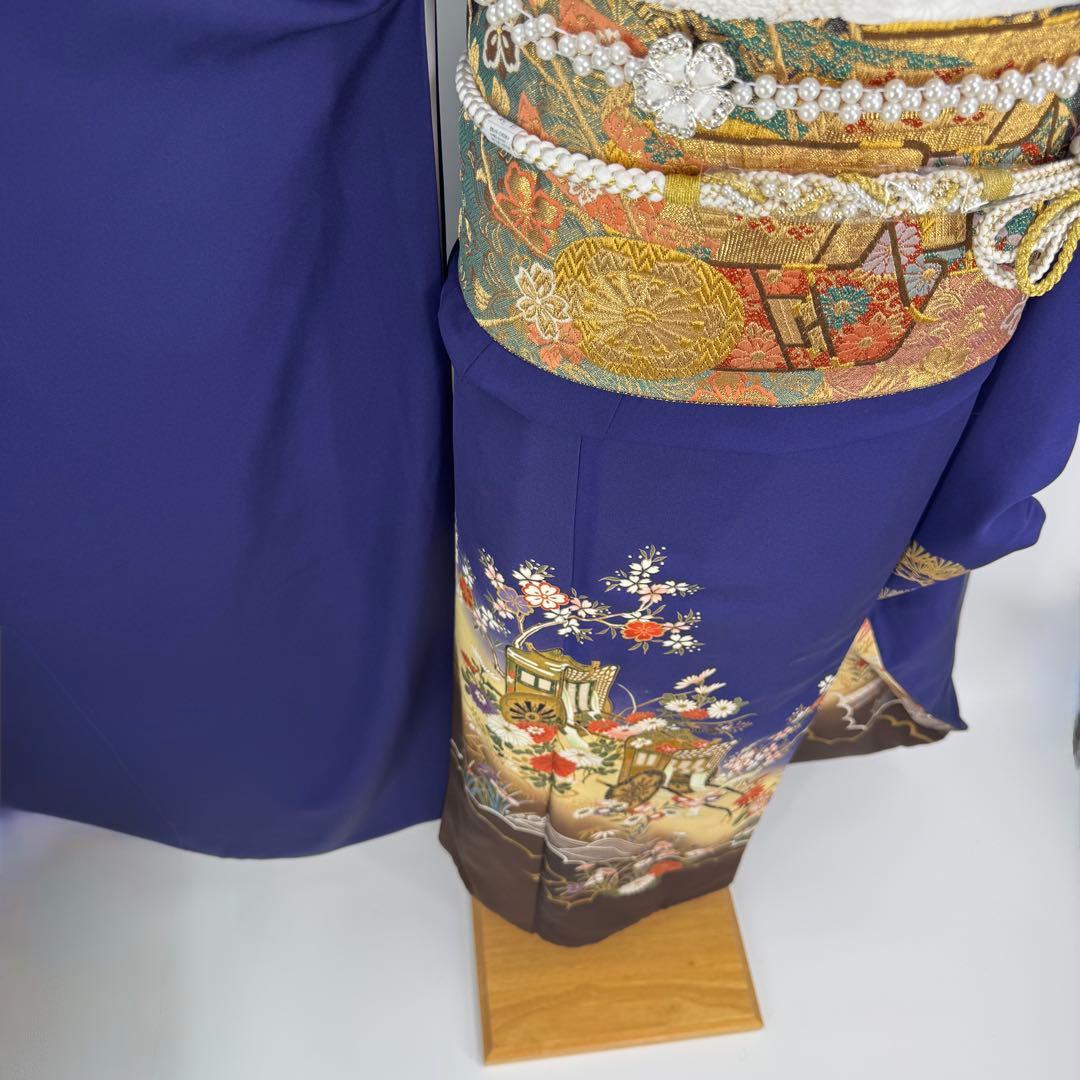 振袖10点フルセット　古典柄　ネイビー　成人式　結婚式　つけ袖白レース付　正絹