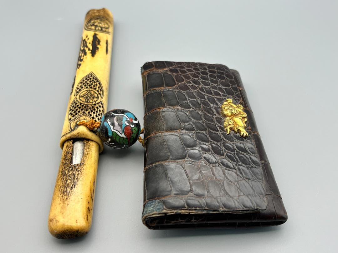 江戸明治時代　獅子図金具　骨製キセル入れ　大玉龍図根〆　銀製キセル　重量170g