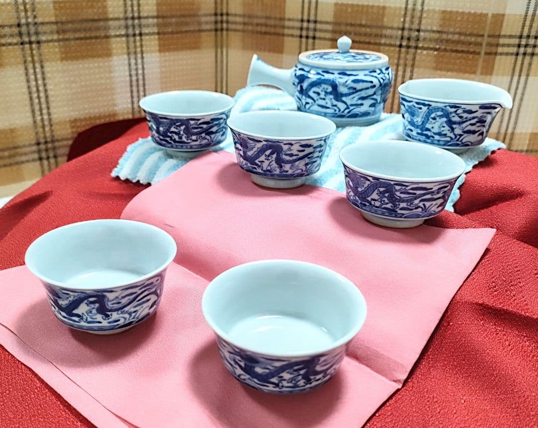 ●5388#0110　九谷焼アンティーク・レア茶道具茶器龍紋古染付セット0608