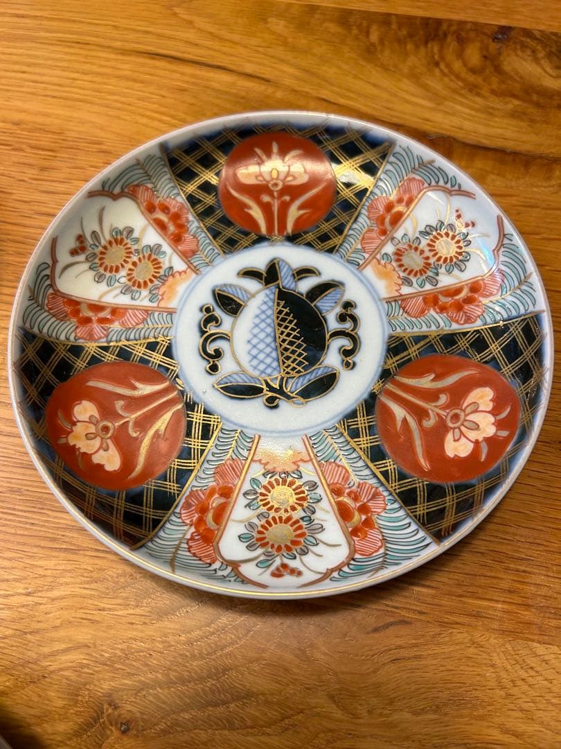 【1.18まで】桃小菊杜若赤絵金彩中皿　5枚セット　アンティーク　角冨　伊万里焼