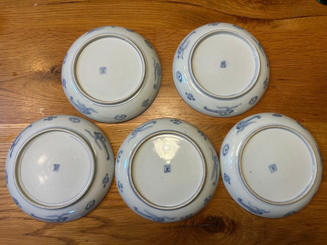 【1.18まで】桃小菊杜若赤絵金彩中皿　5枚セット　アンティーク　角冨　伊万里焼