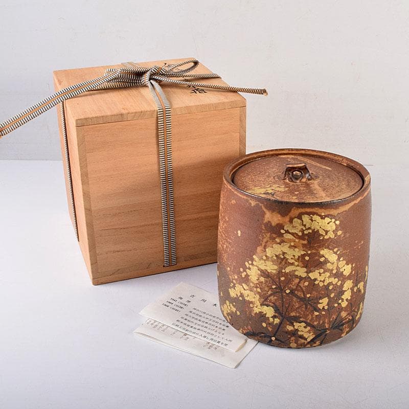 TM 益子焼　吉川水城作　金彩草文水指　共箱　C　7968