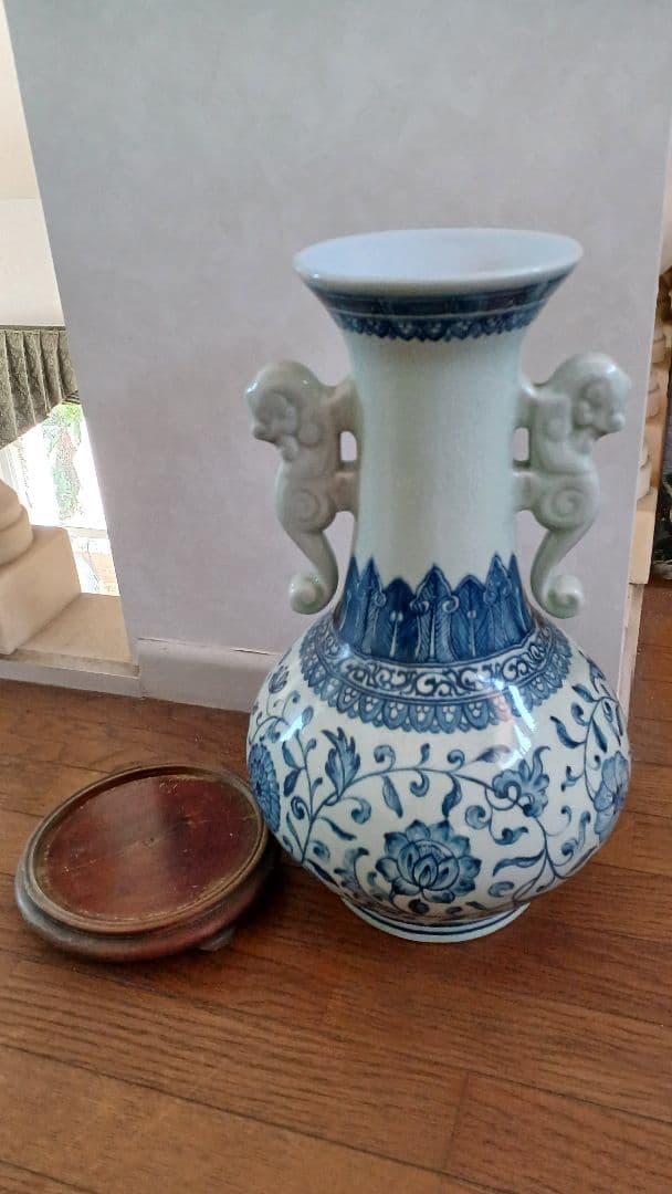 中国骨董花瓶 獅子の持ち手付き