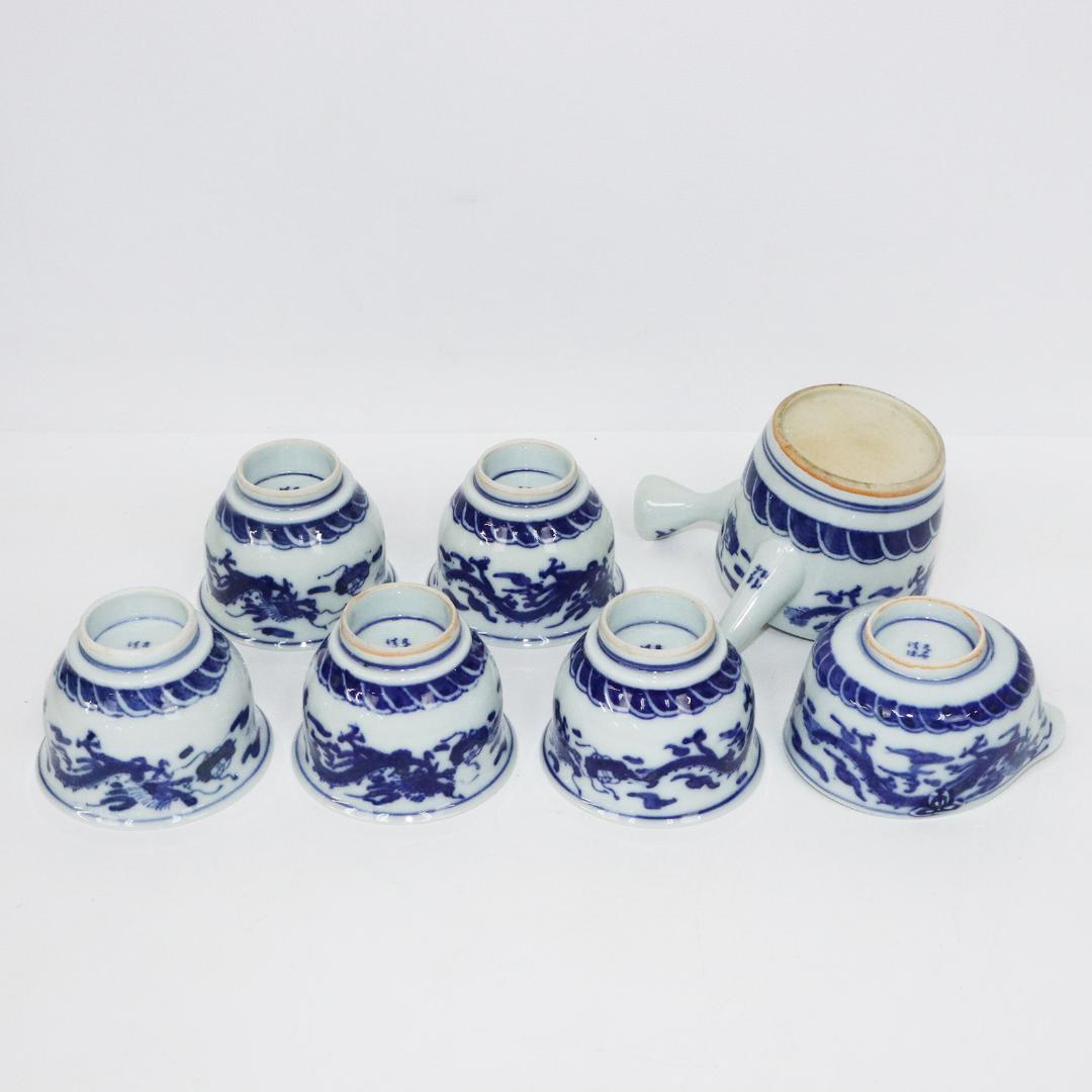 九谷焼 清陸 染付龍文 茶器 急須 湯呑 湯冷