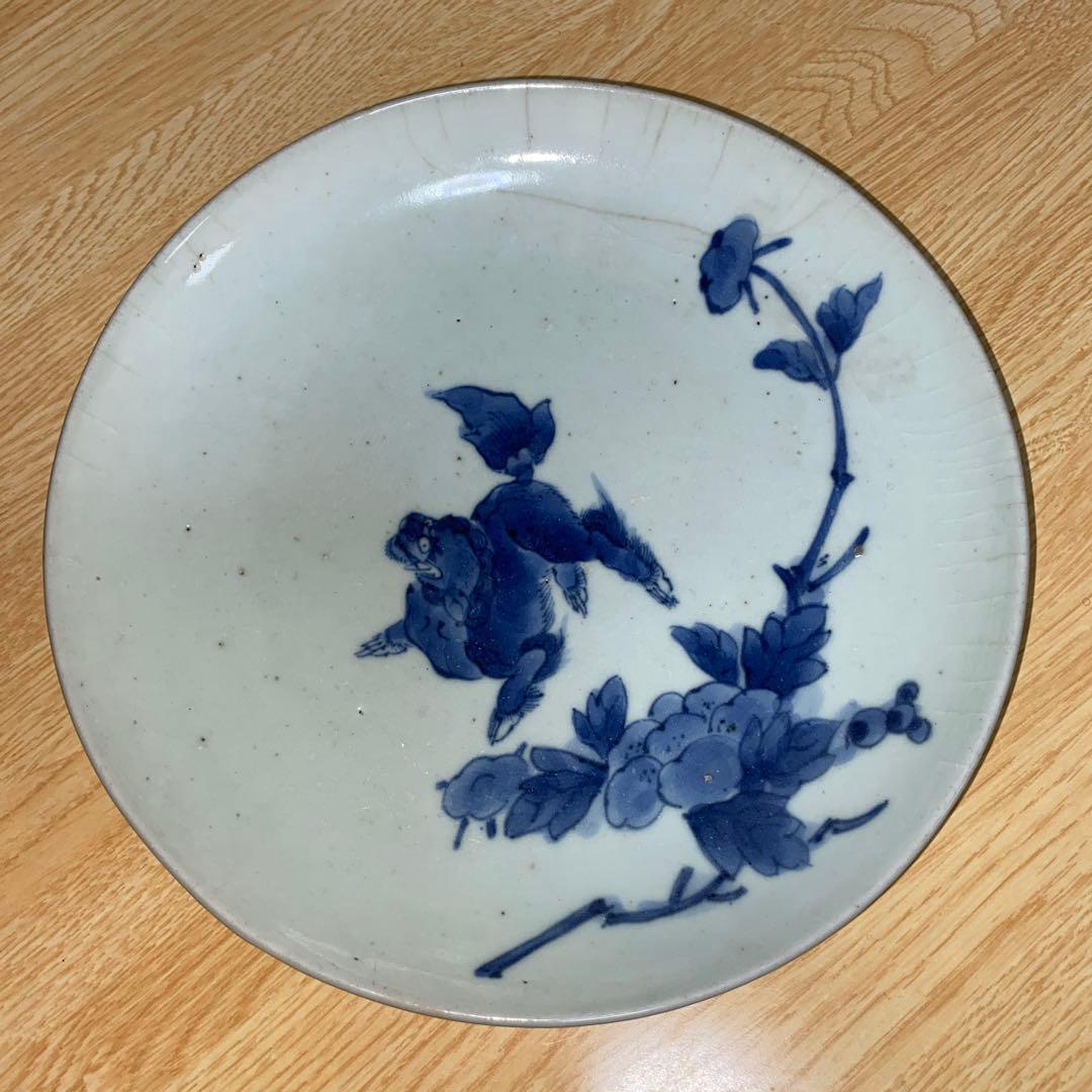 古染付　藍柿右衛門　唐獅子牡丹紋皿　江戸1670頃