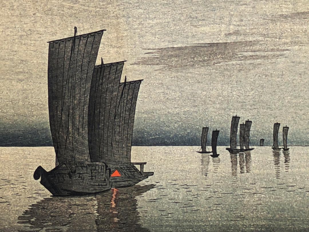 超希少 初摺り 状態極良 真作 小原古邨 木版画『帆船』古邨初期作品 真作保証