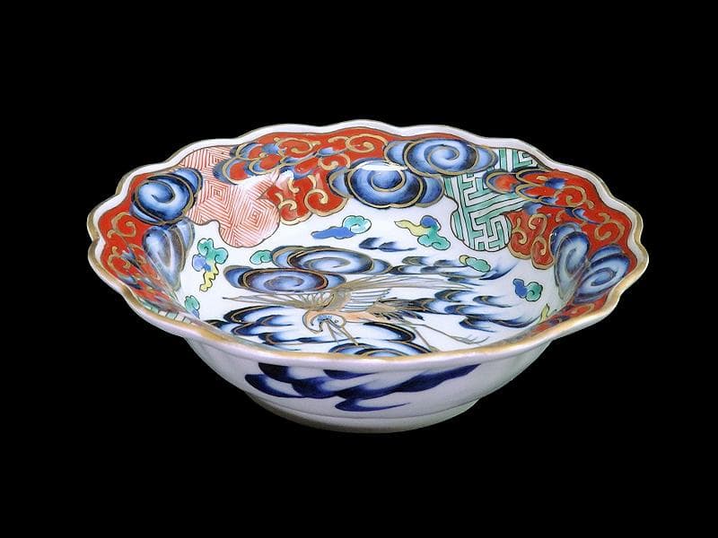 古伊万里　色絵　雲に双鶴の図　輪花膾皿　５客　B145AS-fbuz