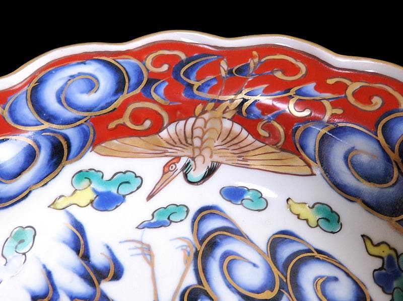 古伊万里　色絵　雲に双鶴の図　輪花膾皿　５客　B145AS-fbuz