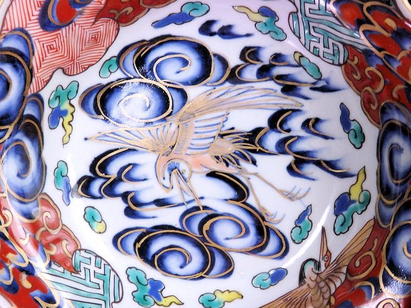 古伊万里　色絵　雲に双鶴の図　輪花膾皿　５客　B145AS-fbuz