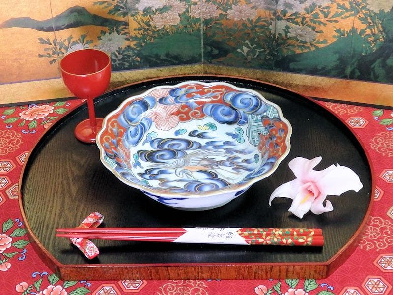 古伊万里　色絵　雲に双鶴の図　輪花膾皿　５客　B145AS-fbuz