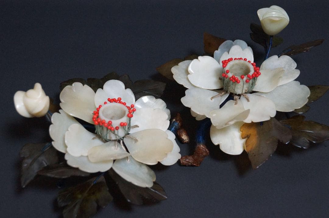 昭和初期 天然玉製 細工造り『牡丹花』蝋燭立て(一対) ろうそく台 茶道具時代物