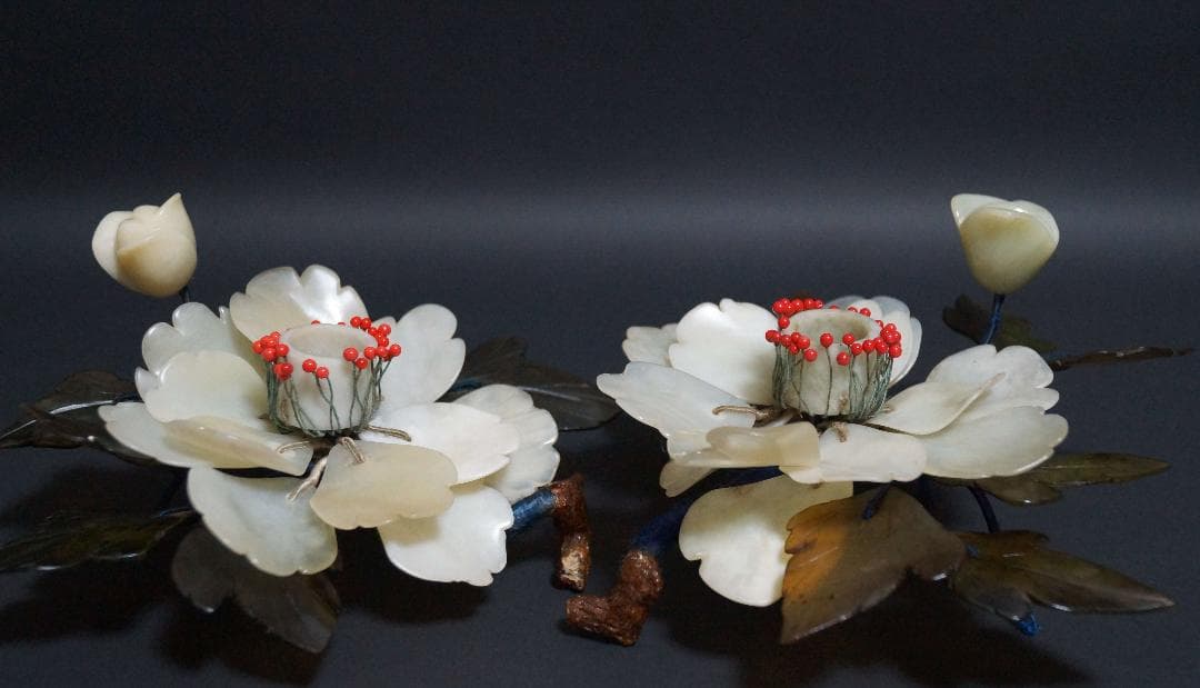 昭和初期 天然玉製 細工造り『牡丹花』蝋燭立て(一対) ろうそく台 茶道具時代物