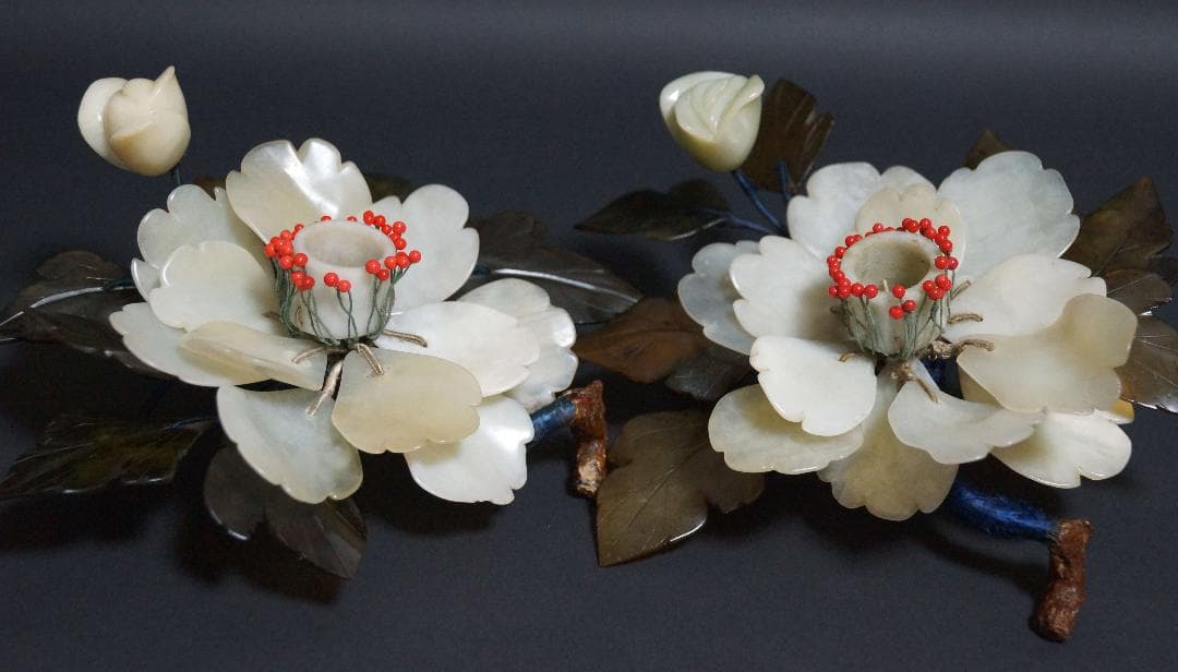 昭和初期 天然玉製 細工造り『牡丹花』蝋燭立て(一対) ろうそく台 茶道具時代物