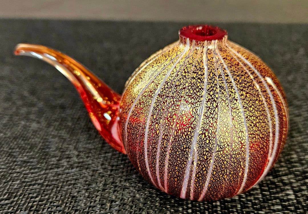 ヨーロッパアンティーク　赤被せ　金彩　縦縞模様　チロリ　水滴　オブジェ　状態良好