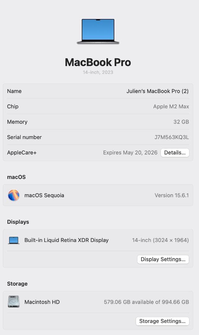 MacBook本体 MacBook M2 Max 32GB 1TB 14 AppleCare5/20