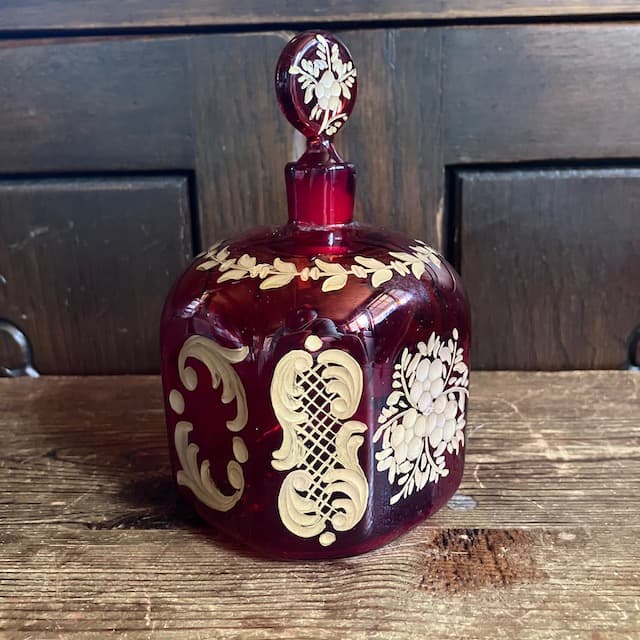 エナメル金彩 吹きガラス ルビーガラス パフューム ボトル リキュールボトル