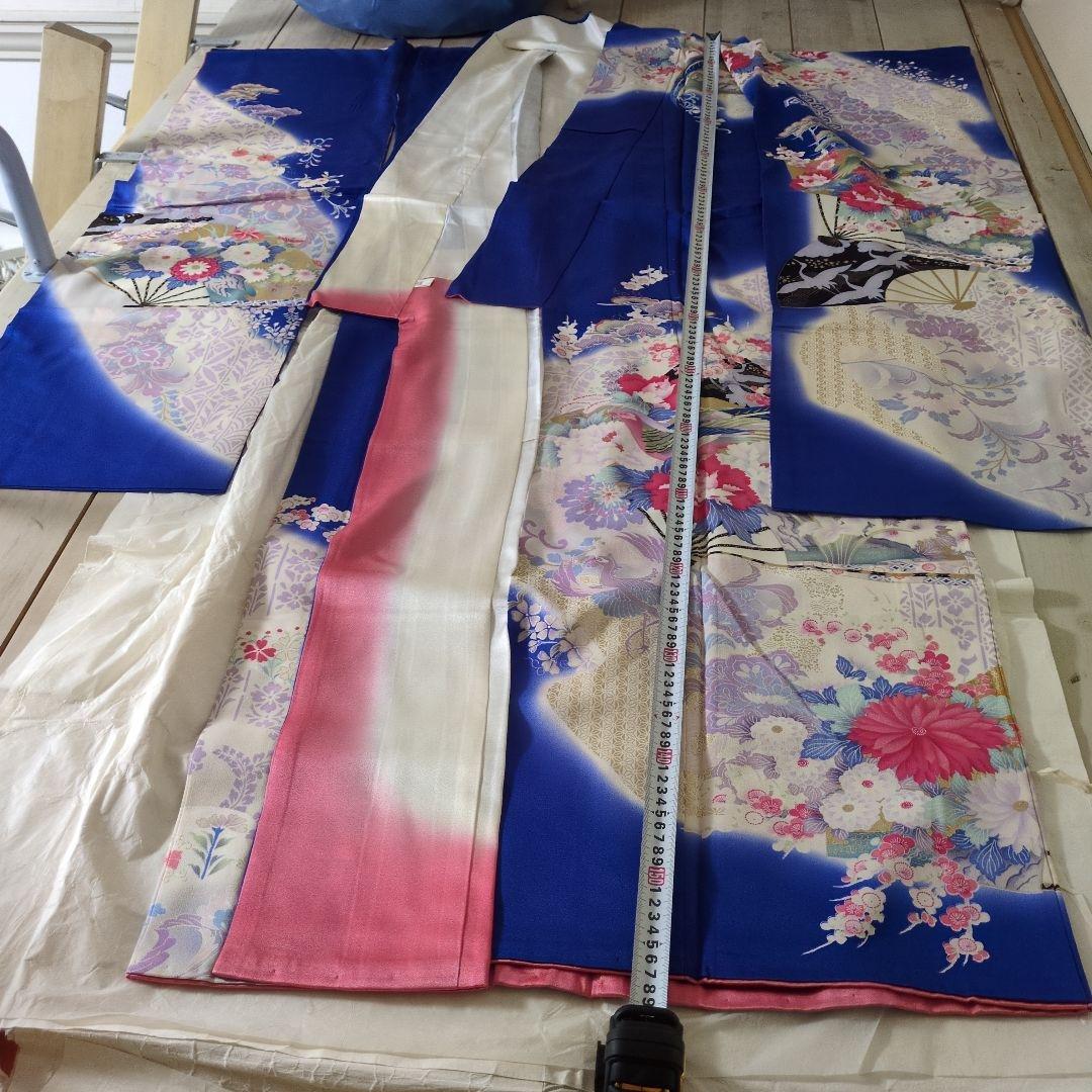 振袖:青と白の花柄と扇子 と 帯 と 小物のセット 成人式